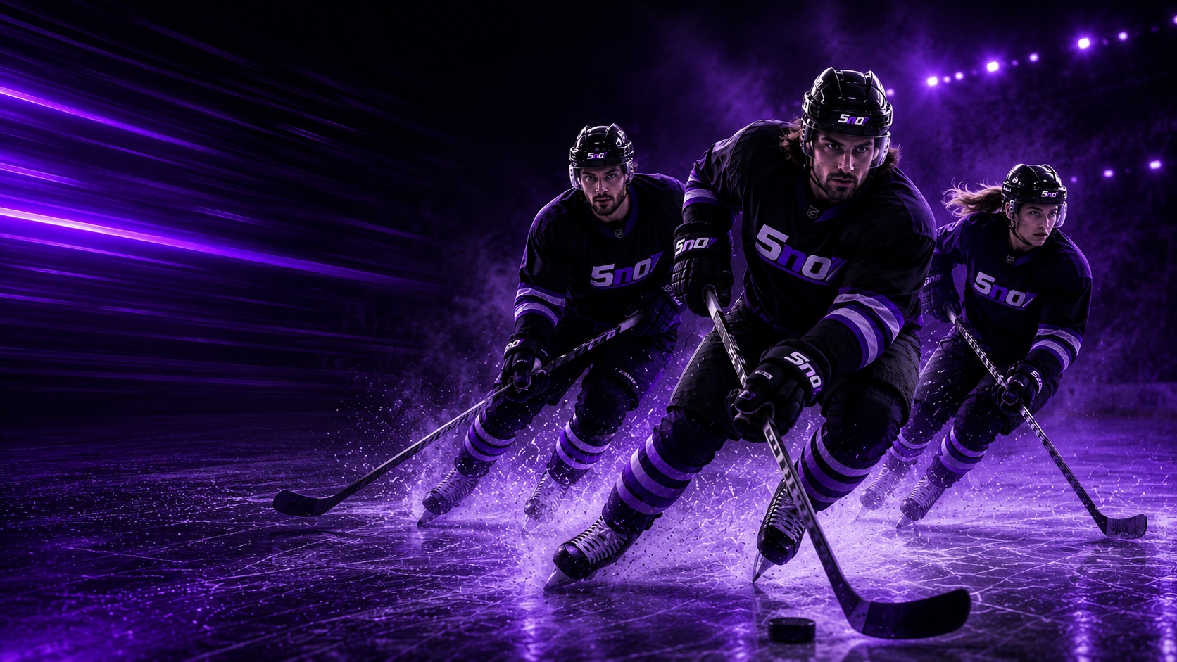 Professional hockey players skating on the ice in dramatic purple lighting